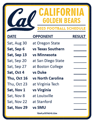 California Golden Bears Football 2025
 Printable Schedule  - Style 2