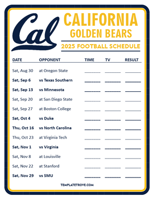 California Golden Bears Football 2025
 Printable Schedule - Style 3