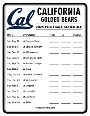 California Golden Bears Football 2025
 Printable Schedule - Style 4