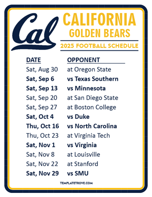 California Golden Bears Football 2025
 Printable Schedule
