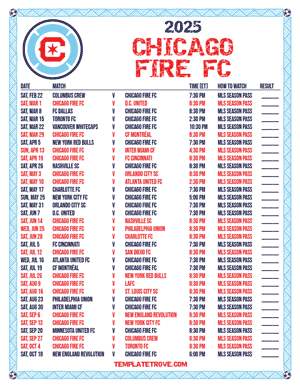 Chicago Fire FC 2025
 Printable Soccer Schedule