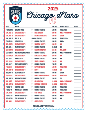 Chicago Stars FC 2025
 Printable Soccer Schedule - Pacific Times