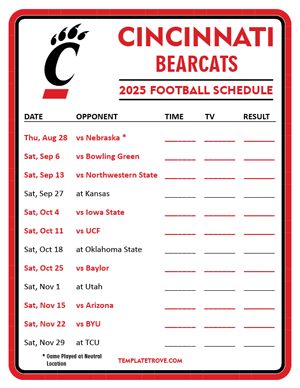 Cincinnati Bearcats Football 2025
 Printable Schedule - Style 3