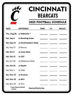 Cincinnati Bearcats Football 2025
 Printable Schedule - Style 4