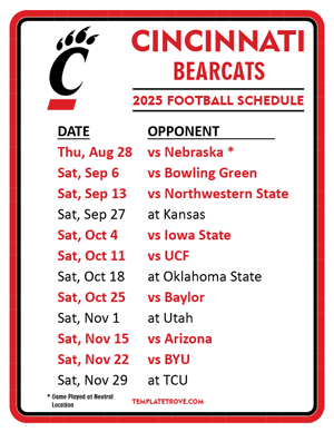Cincinnati Bearcats Football 2025
 Printable Schedule
