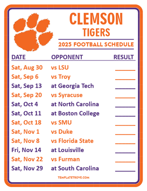 Clemson Tigers Football 2025
 Printable Schedule  - Style 2
