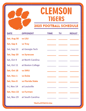 Clemson Tigers Football 2025
 Printable Schedule - Style 3