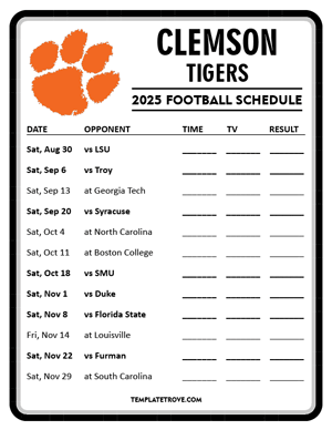 Clemson Tigers Football 2025
 Printable Schedule - Style 4