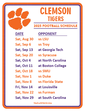 Clemson Tigers Football 2025
 Printable Schedule