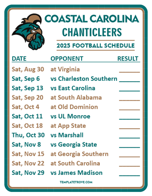 Coastal Carolina Chanticleers Football 2025
 Printable Schedule  - Style 2