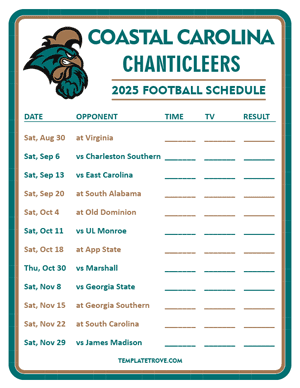 Coastal Carolina Chanticleers Football 2025
 Printable Schedule - Style 3