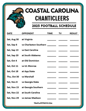 Coastal Carolina Chanticleers Football 2025
 Printable Schedule - Style 4
