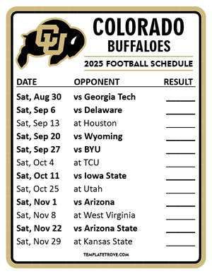Colorado Buffaloes Football 2025
 Printable Schedule  - Style 2