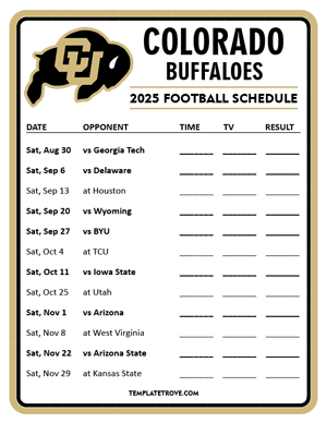 Colorado Buffaloes Football 2025
 Printable Schedule - Style 3