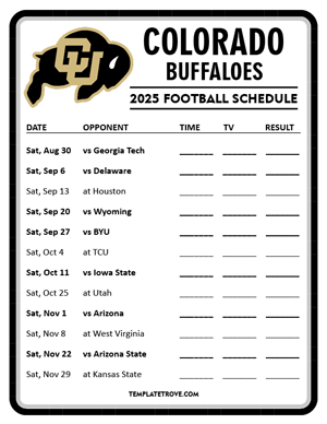Colorado Buffaloes Football 2025
 Printable Schedule - Style 4