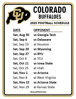 Colorado Buffaloes Football 2025
 Printable Schedule