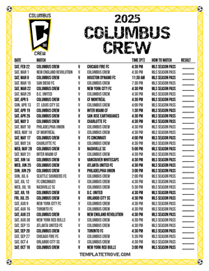 Columbus Crew 2025
 Printable Soccer Schedule - Pacific Times