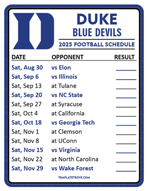 Duke Blue Devils Football 2025
 Printable Schedule  - Style 2