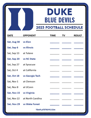 Duke Blue Devils Football 2025
 Printable Schedule - Style 3