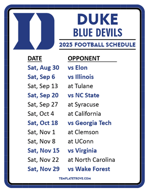 Duke Blue Devils Football 2025
 Printable Schedule