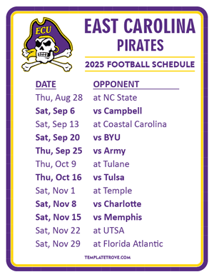 East Carolina Pirates Football 2025
 Printable Schedule