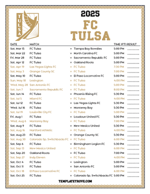   FC Tulsa 2025
 Printable Soccer Schedule - Pacific Times