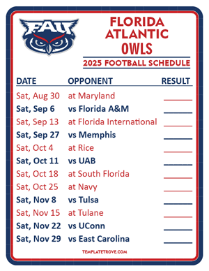Florida Atlantic Owls

 Football 2025
 Printable Schedule  - Style 2