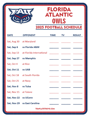 Florida Atlantic Owls

 Football 2025
 Printable Schedule - Style 3