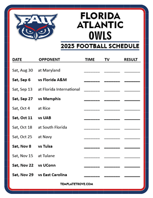 Florida Atlantic Owls

 Football 2025
 Printable Schedule - Style 4