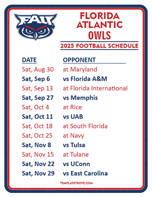 Florida Atlantic Owls

 Football 2025
 Printable Schedule