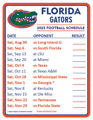 Florida Gators Football 2025
 Printable Schedule  - Style 2