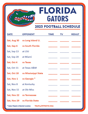 Florida Gators Football 2025
 Printable Schedule - Style 3