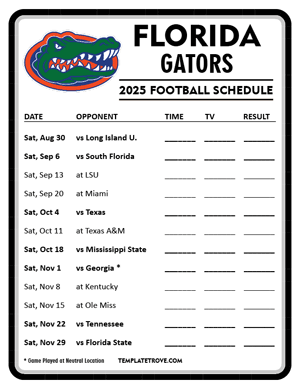 Florida Gators Football 2025
 Printable Schedule - Style 4