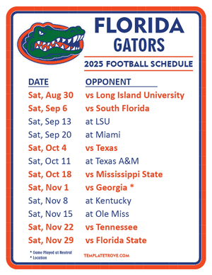 Florida Gators Football 2025
 Printable Schedule