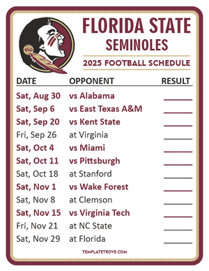 Florida State Seminoles Football 2025
 Printable Schedule  - Style 2