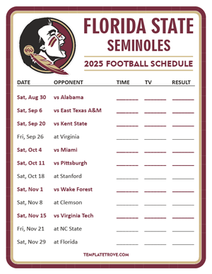 Florida State Seminoles Football 2025
 Printable Schedule - Style 3