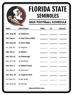 Florida State Seminoles Football 2025
 Printable Schedule - Style 4