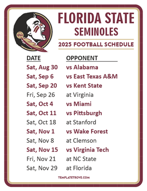 Florida State Seminoles Football 2025
 Printable Schedule