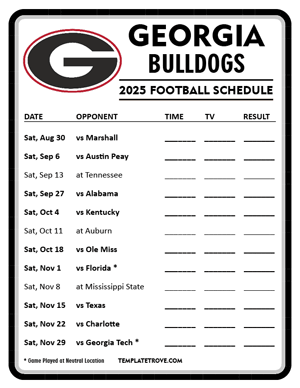 Georgia Bulldogs Football 2025
 Printable Schedule - Style 4