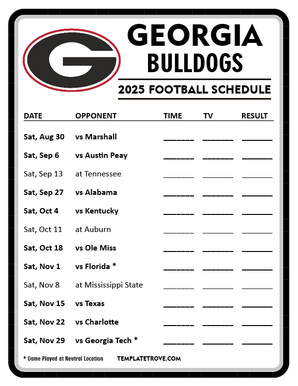 Printable 2025 Georgia Bulldogs Football Schedule