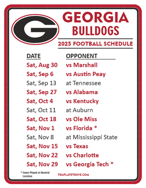 Georgia Bulldogs Football 2025
 Printable Schedule