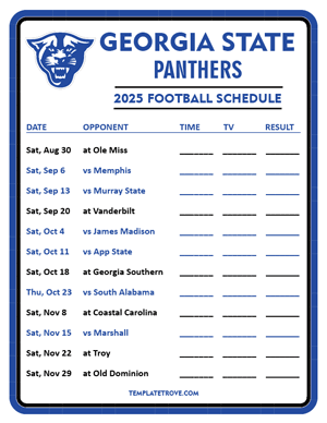 Georgia State Panthers Football 2025
 Printable Schedule - Style 3