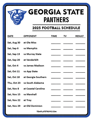 Georgia State Panthers Football 2025
 Printable Schedule - Style 4