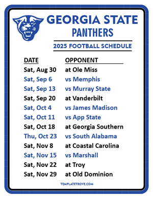 Georgia State Panthers Football 2025
 Printable Schedule