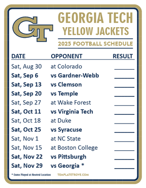 Georgia Tech Yellow Jackets Football 2025
 Printable Schedule  - Style 2