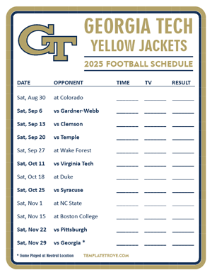 Georgia Tech Yellow Jackets Football 2025
 Printable Schedule - Style 3