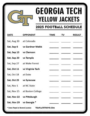 Georgia Tech Yellow Jackets Football 2025
 Printable Schedule - Style 4
