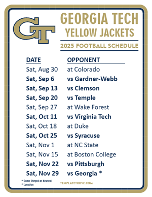 Georgia Tech Yellow Jackets Football 2025
 Printable Schedule