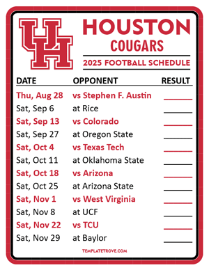 Houston Cougars Football 2025
 Printable Schedule  - Style 2