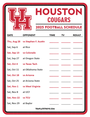 Houston Cougars Football 2025
 Printable Schedule - Style 3